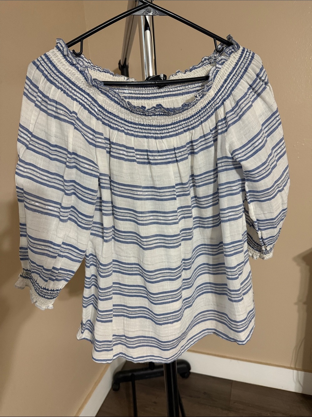 INC International Concepts White and Blue Striped Off-Shoulder Peasant Blouse